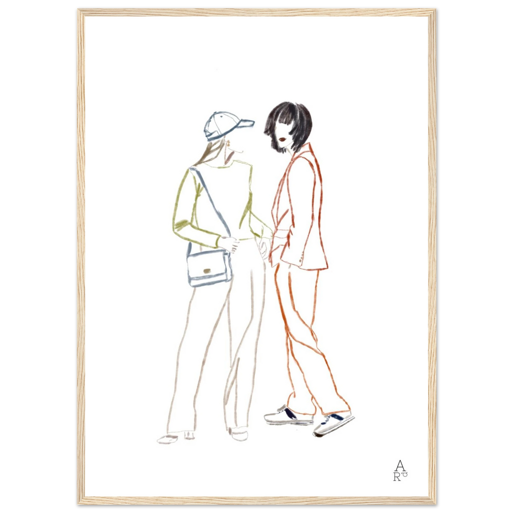 Two girls in NY, œuvre originale à la craie d'art par Aude de Riberolles – affiche encadrée