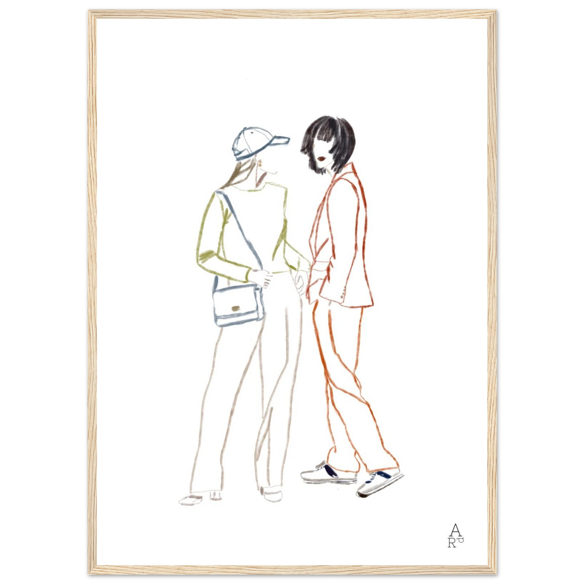 Two girls in NY, œuvre originale à la craie d'art par Aude de Riberolles – affiche encadrée