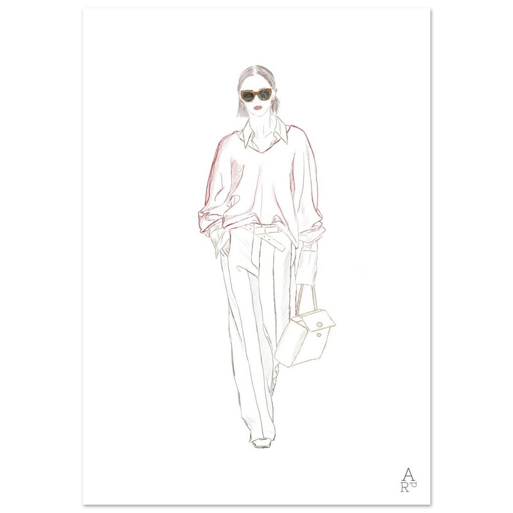 Woman walking N°1, illustration de mode au trait fin – affiche d'Aude de Riberolles